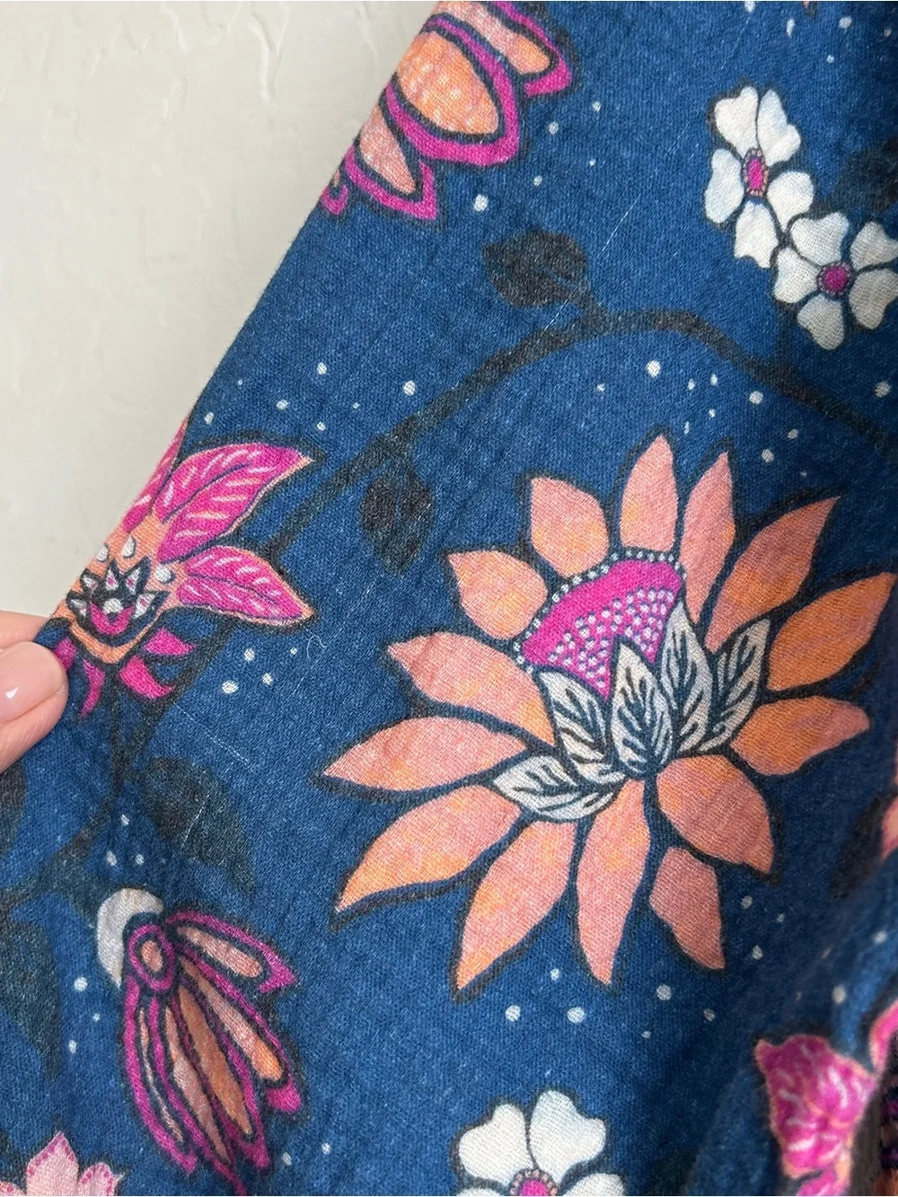Marine Layer Midi Dress XL Gauzy Pockets Long Sleeve Batik Floral Blue *READ* - Picture 14 of 15